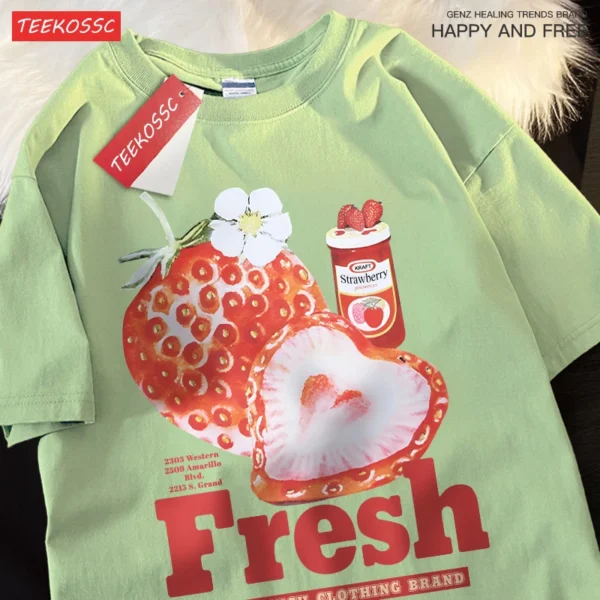 Unisex t-shirt with American retro strawberry graphic print. Loose fit