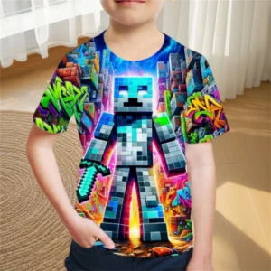 Boys' O-neck summer t-shirt with colourful gaming adventure cartoon print.