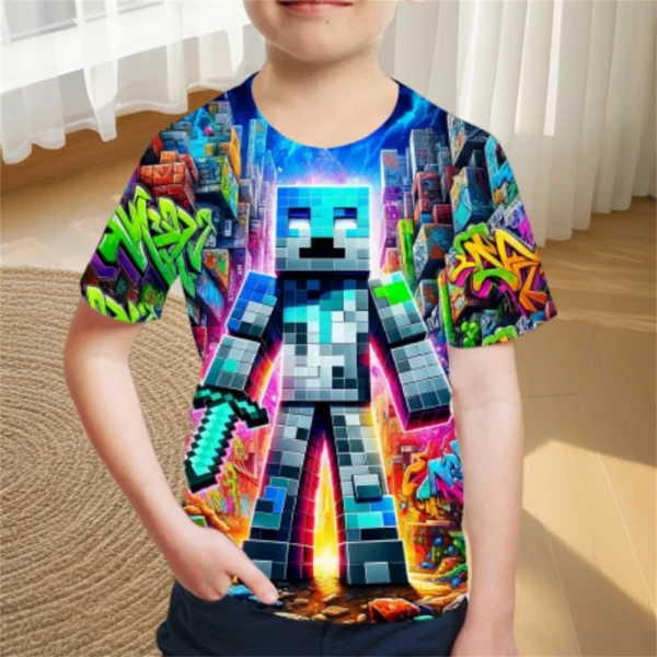 Boys' O-neck summer t-shirt with colourful gaming adventure cartoon print.