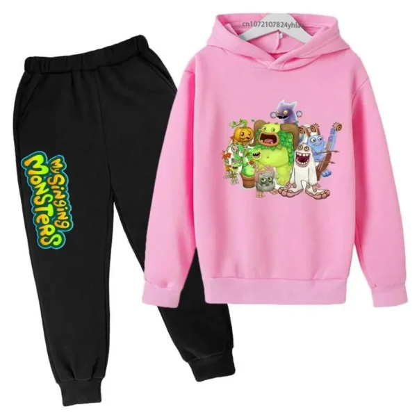 Kids My Singing Monsters tracksuit set featuring character print hoodie and matching pants for boys and girls ages 3-14. ```
