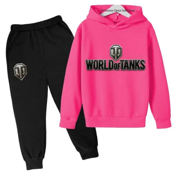 Kid wearing World of Tanks gaming tracksuit set with pullover hoodie and matching joggers - suitable for boys and girls.