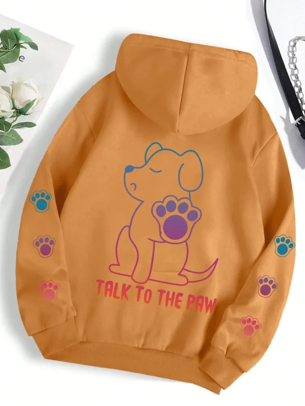 Grey fleece pullover hoodie for women with funny 'Talks To The Paw' dog print.