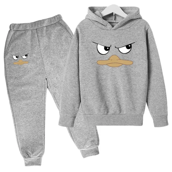 Kids unisex duck face print hoodie and pants tracksuit set for spring autumn wear ages 2-13.