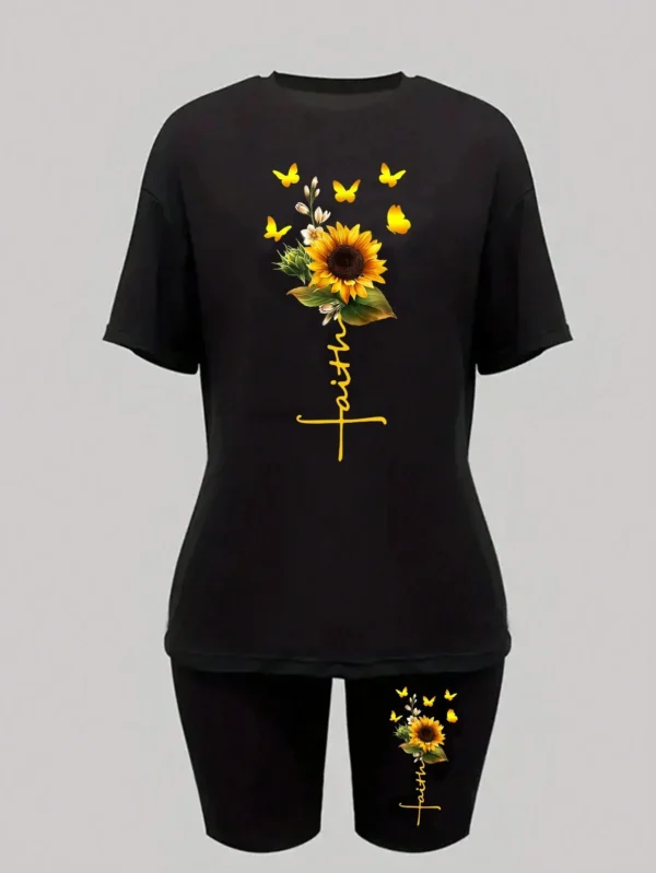 Woman modeling sunflower butterfly print two piece set with short sleeve knit t-shirt and regular fit shorts.