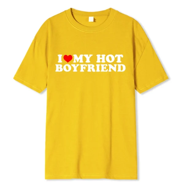 Person wearing funny black graphic tee with white 'I Love My Hot Girlfriend/Boyfriend' text print.