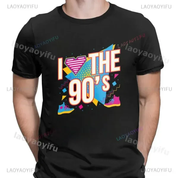 Woman wearing a white 'I Love The 90s / Take Me Back To The 90s' retro graphic tee against a plain background.