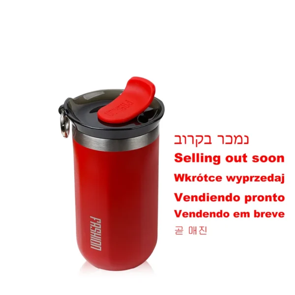Stainless steel insulated travel mug with leakproof lid for coffee or water.