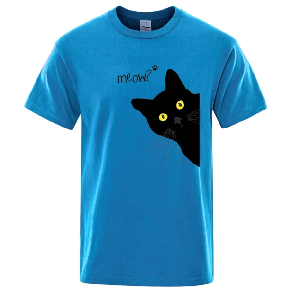 Men's oversized black cotton t-shirt with a funny cartoon black cat print and the word 'Meow'. Streetwear style.