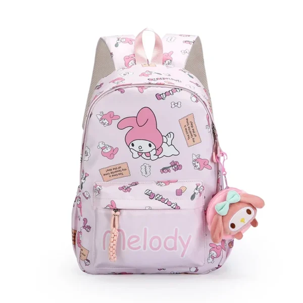 MINISO Sanrio Characters kawaii nylon backpack for girls with matching wallet charm.