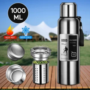 Silver 1L stainless steel vacuum insulated thermos flask for keeping drinks hot or cold during outdoor activities.