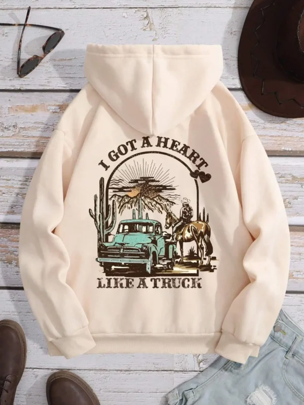Women's casual streetwear hoodie with graphic print and warm faux fur lining - Autumn/Winter style. ```