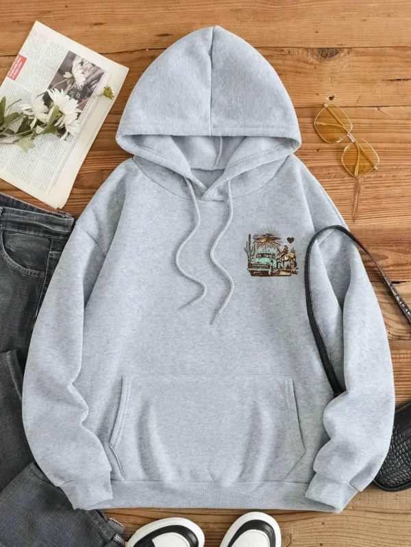 Women's casual streetwear hoodie with graphic print and warm faux fur lining - Autumn/Winter style. ```