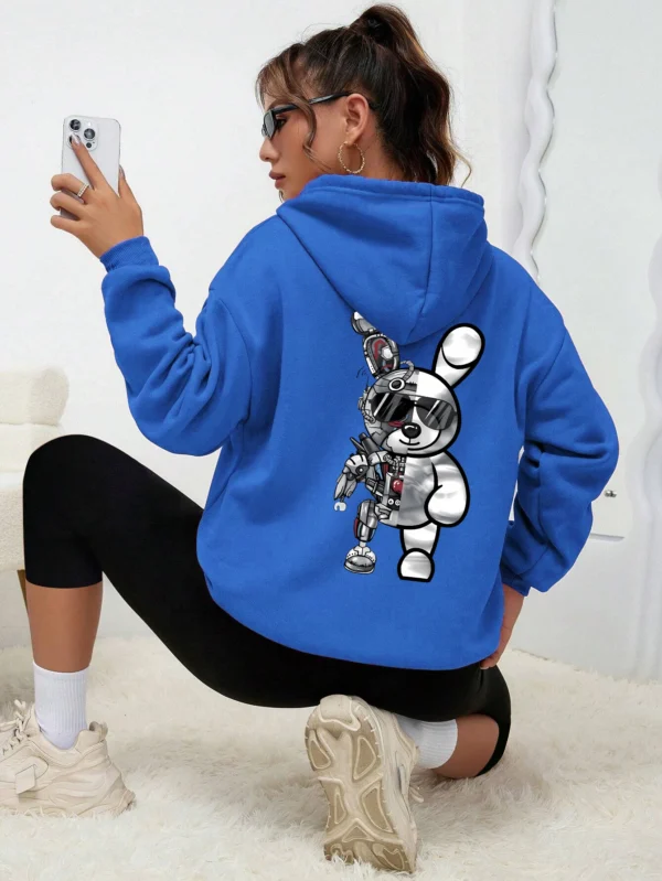 Women's Robot Rabbit Cartoon Print Fleece Hoodie