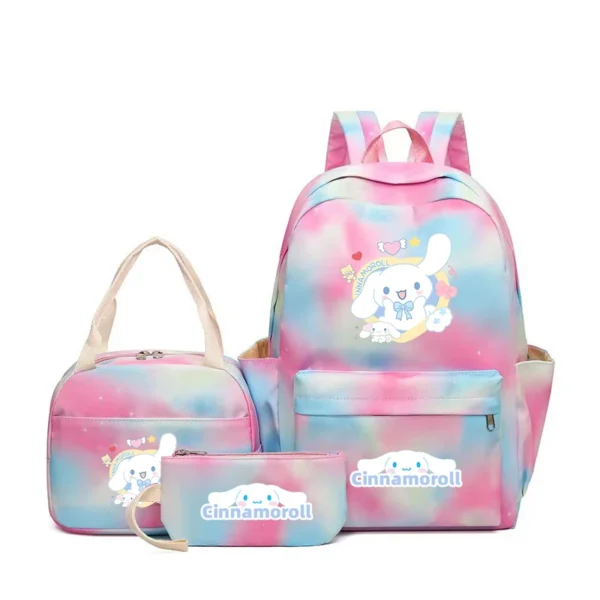 MINISO Kuromi and Cinnamoroll large capacity nylon backpack set with matching lunch bag and pencil case.