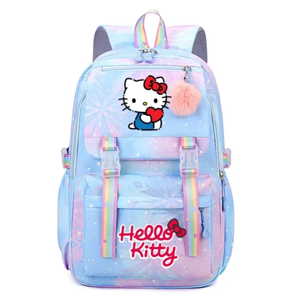 Front view of the MINISO Kuromi & Cinnamoroll backpack showing the cute character print on a large nylon bag.