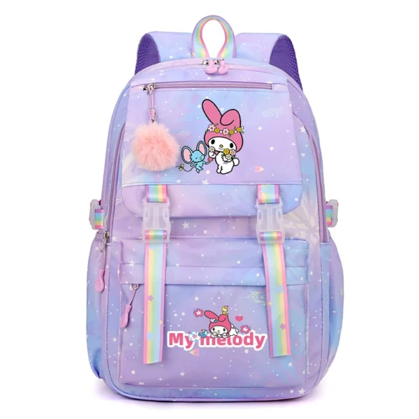 Front view of the MINISO Kuromi & Cinnamoroll backpack showing the cute character print on a large nylon bag.