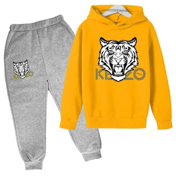 Unisex kids hoodie and pants set with bold tiger head print on the hooded sweatshirt - front view.