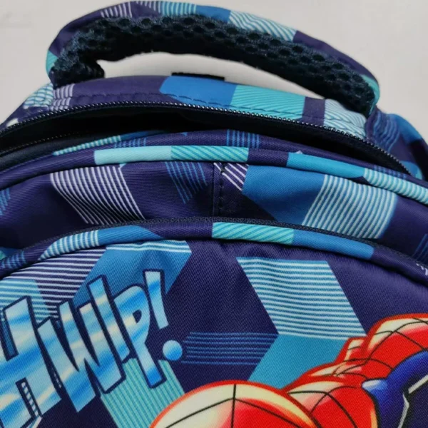 MINISO Spider-Man kids school backpack in blue and red with matching character pencil case attached.