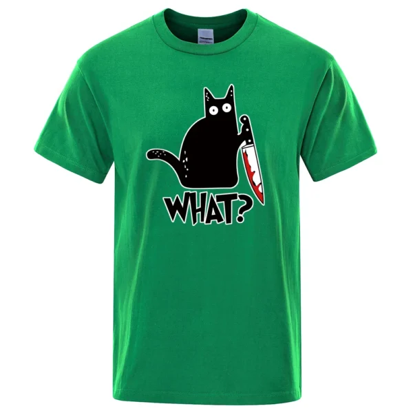 Men's black cotton t-shirt displaying a funny cartoon graphic of a white cat holding a small knife.