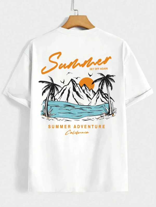 Men's oversized white cotton t-shirt with 'Set Off Again California' adventure graphic print.