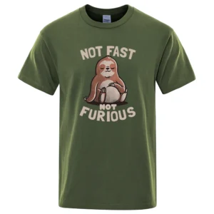 Oversized white cotton t-shirt for men featuring a funny kawaii sloth print and the text "Not Fast Not Furious". ```
