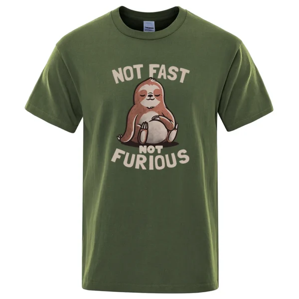 Oversized white cotton t-shirt for men featuring a funny kawaii sloth print and the text "Not Fast Not Furious". ```