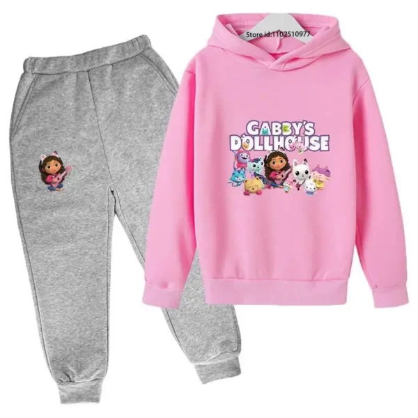 Gabby's Dollhouse kids tracksuit with colourful cartoon print hoodie and matching jogger pants for boys and girls ages 3-13.