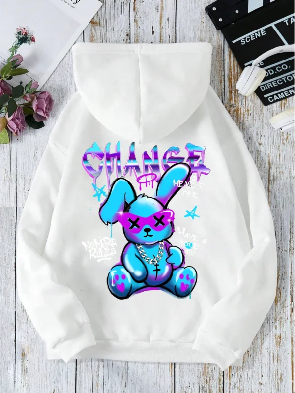 Women's oversized kawaii streetwear sweatshirt with rabbit cartoon print and cozy artificial fur lining.