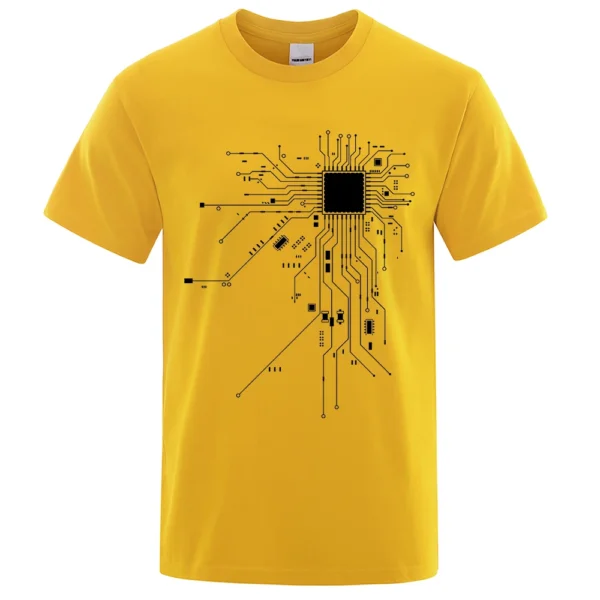 Men's cotton t-shirt featuring a detailed white CPU processor circuit diagram graphic on a dark background.