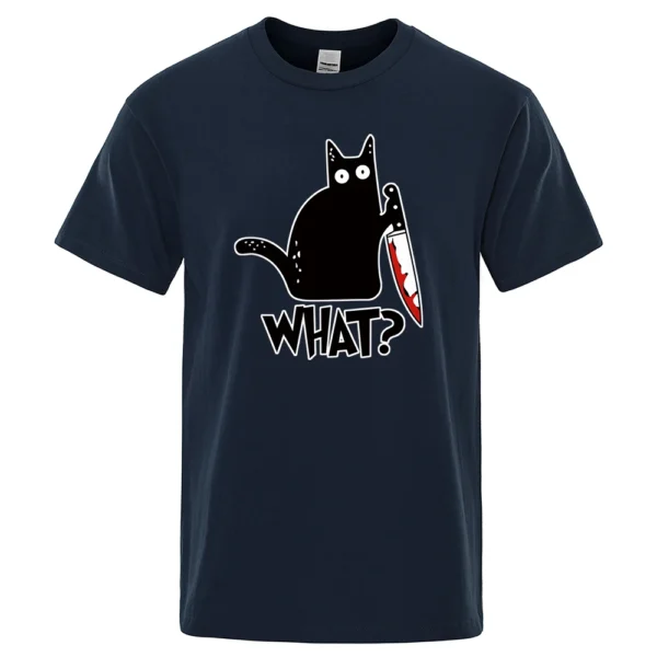 Men's black cotton t-shirt displaying a funny cartoon graphic of a white cat holding a small knife.