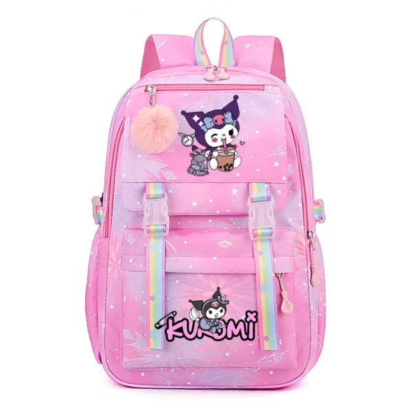 Front view of the MINISO Kuromi & Cinnamoroll backpack showing the cute character print on a large nylon bag.