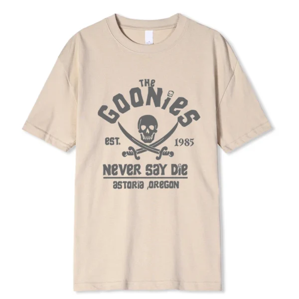 Men's black cotton Goonies t-shirt with white 'Never Say Die' text graphic. Retro 80s movie fan apparel.