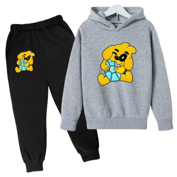 Kids tracksuit set with cute dog print on grey pullover hoodie and matching pants for boys and girls (ages 2-13).