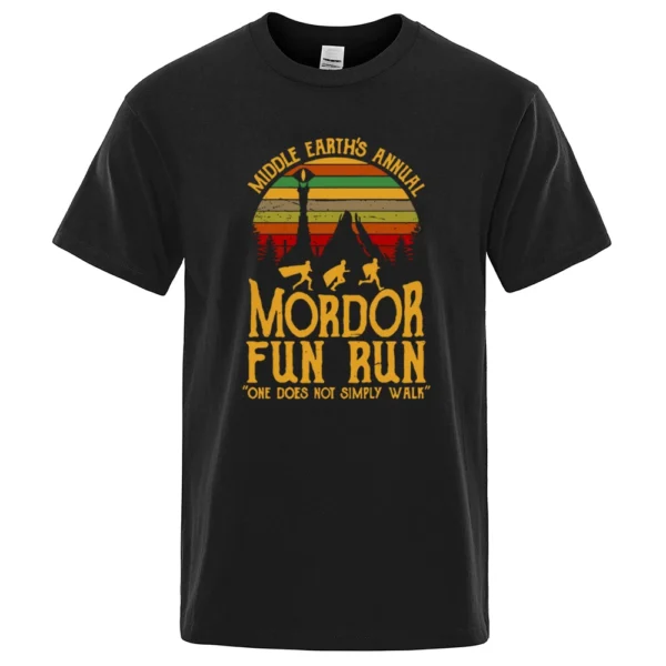Black cotton t-shirt with white "Middle Earth's Annual Mordor Fun Run" graphic print. Funny LOTR parody design