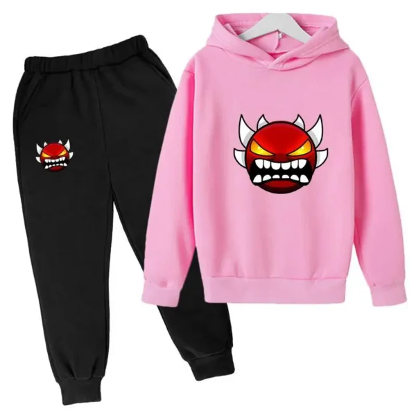 Kids cartoon geometric print pullover hoodie and matching pants tracksuit set for boys and girls.
