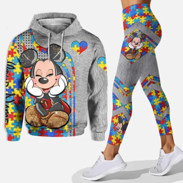 Custom Name Disney Mickey & Minnie Mouse hoodie and leggings tracksuit set for women displayed clearly. ```