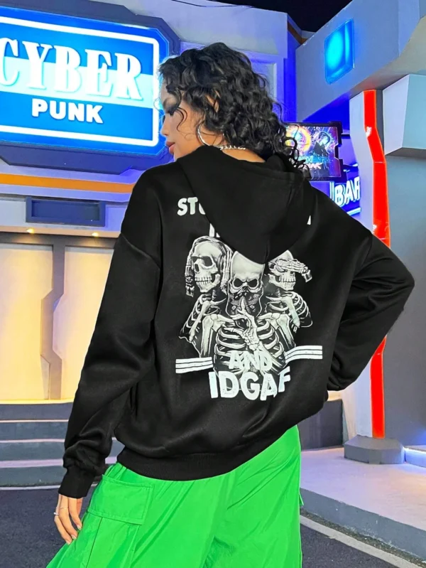 Women's black oversized skull print hoodie