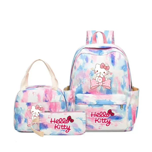 MINISO Kuromi and Cinnamoroll large capacity nylon backpack set with matching lunch bag and pencil case.