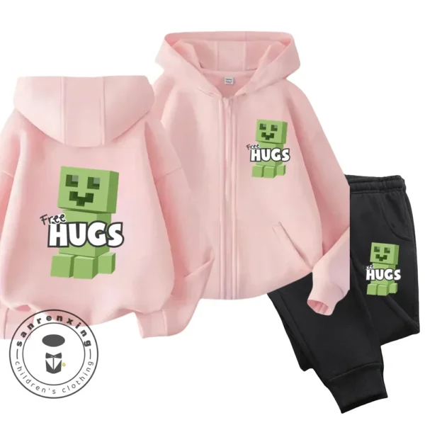 Child wearing Minecraft themed zipper hoodie and matching pants set with hood up.