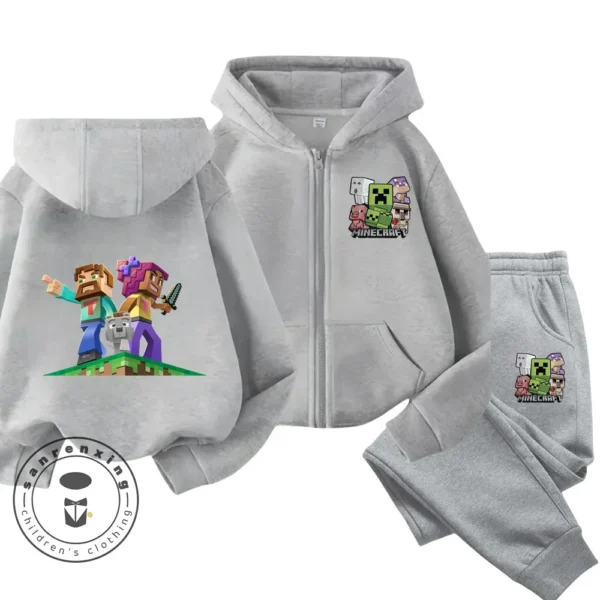Child wearing Minecraft themed zipper hoodie and matching pants set with hood up.