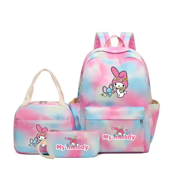 MINISO Kuromi and Cinnamoroll large capacity nylon backpack set with matching lunch bag and pencil case.