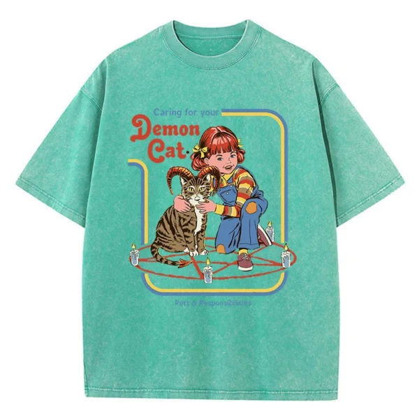 Women's black cotton t-shirt featuring a unique 'Caring For Your Demon Cat' graphic print - streetwear style.