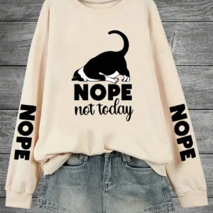 Warm fleece hoodie for women with 'Nope Not Today' cartoon cat graphic print on the front.