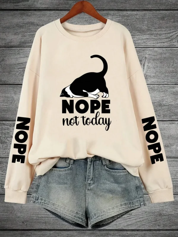Warm fleece hoodie for women with 'Nope Not Today' cartoon cat graphic print on the front.