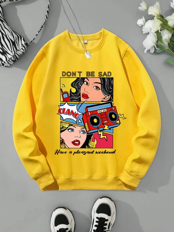 Women's casual warm fleece sweatshirt with a cartoon graphic print.