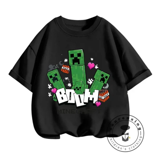 Young boy wearing a blue short-sleeve t-shirt with a large colourful graphic of the Minecraft character CatNap on the front.