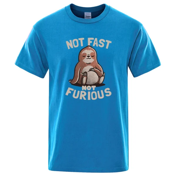 Oversized white cotton t-shirt for men featuring a funny kawaii sloth print and the text "Not Fast Not Furious". ```