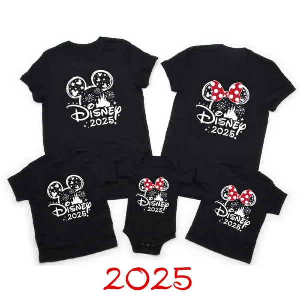 Family wearing matching Mickey and Minnie Mouse cotton shirts and baby romper for Disney trip.