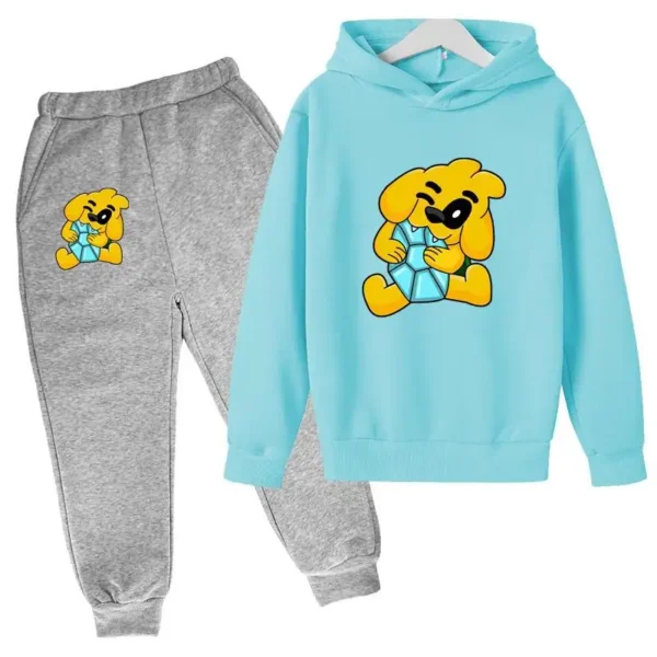 Kids tracksuit set with cute dog print on grey pullover hoodie and matching pants for boys and girls (ages 2-13).