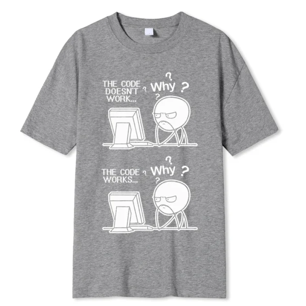 Funny "Code Works Why?" programmer t-shirt.